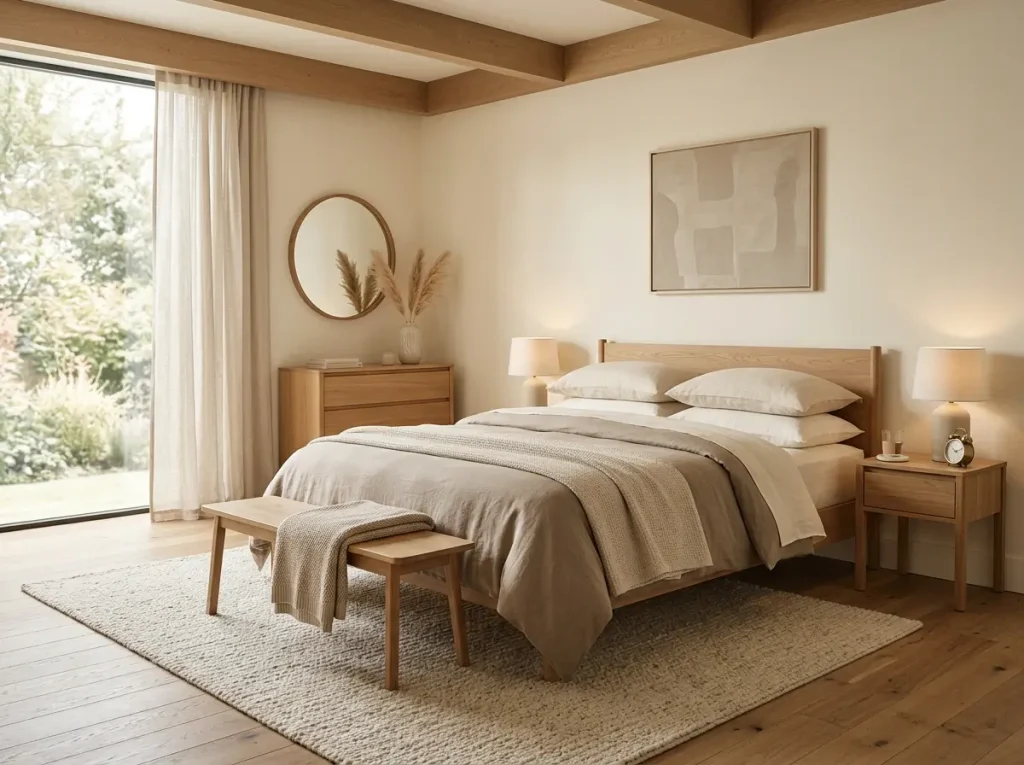 Neutral minimalist bedroom decor with beige tones