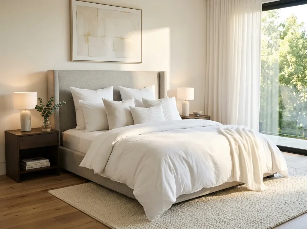 Luxury minimalist bedroom with white bedding