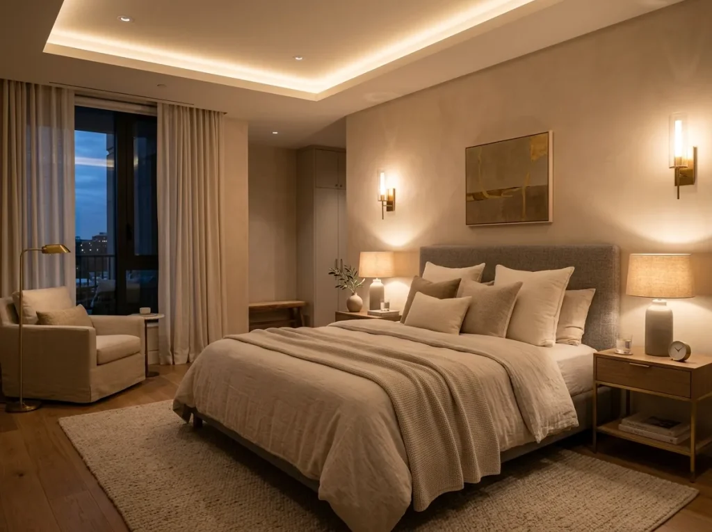 Cozy minimalist bedroom with warm lighting