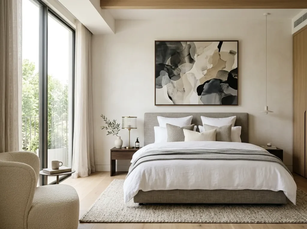 Modern minimalist bedroom with oversized wall art