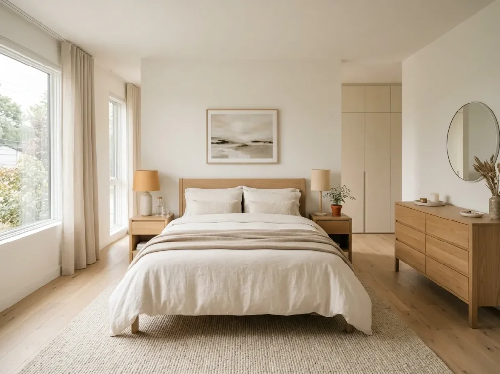 Decluttered minimalist bedroom nightstand