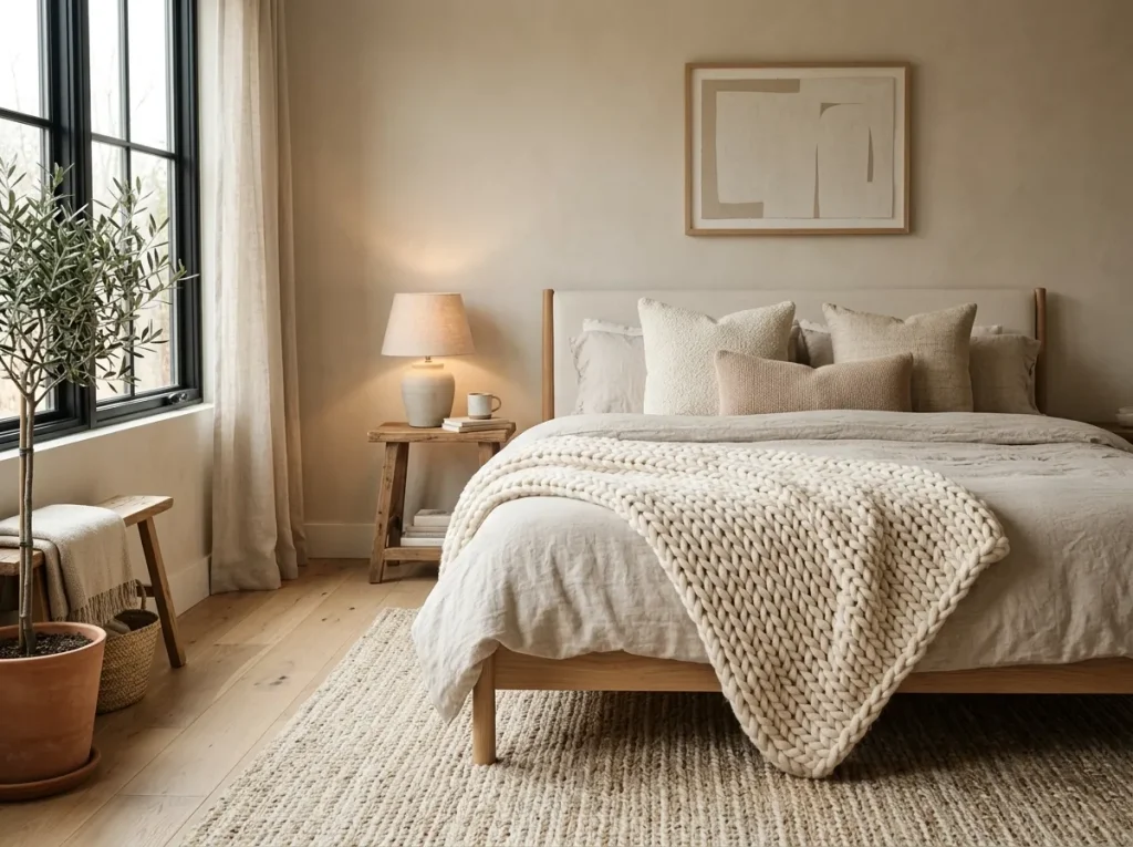 Textured fabrics in minimalist bedroom decor